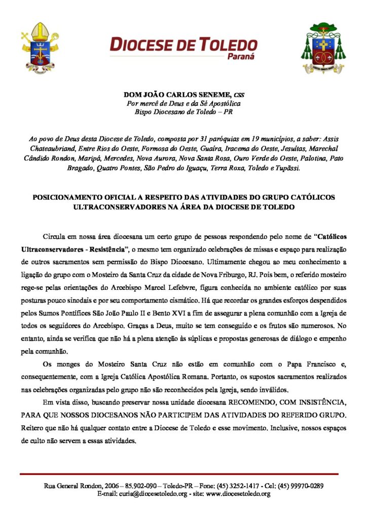 Diocese de Toledo emite posicionamento a respeito de atividades do grupo “Católicos Ultraconservadores”