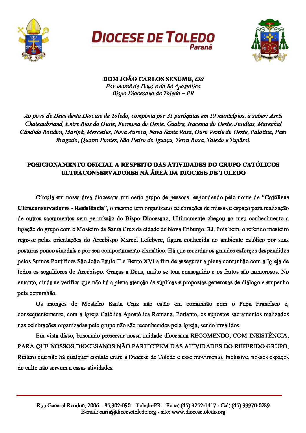 Diocese de Toledo emite posicionamento a respeito de atividades do grupo “Católicos Ultraconservadores”