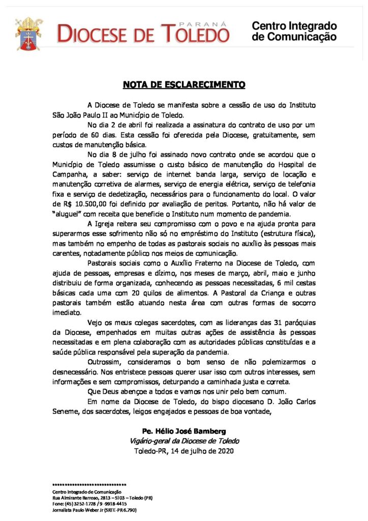 Cúria Diocesana de Toledo emite nota de Esclarecimento e Governo Ratinho não prorroga Decreto.