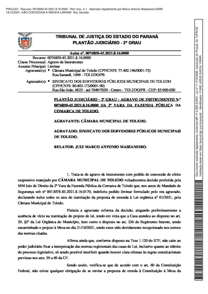 SerToledo: Justiça nega agravo da Câmara sobre reforma da previdência
