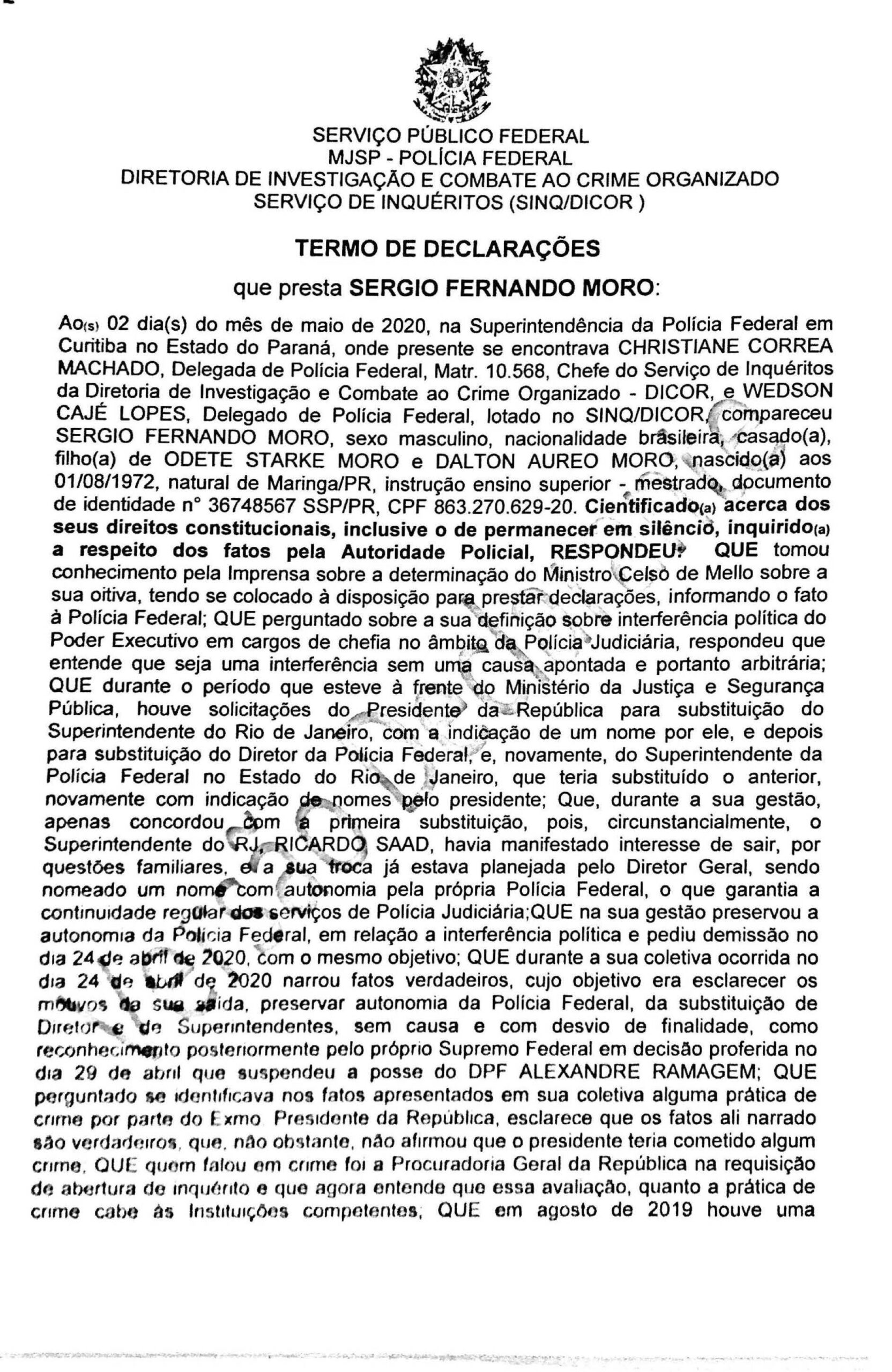 Leia depoimento de Moro na integra