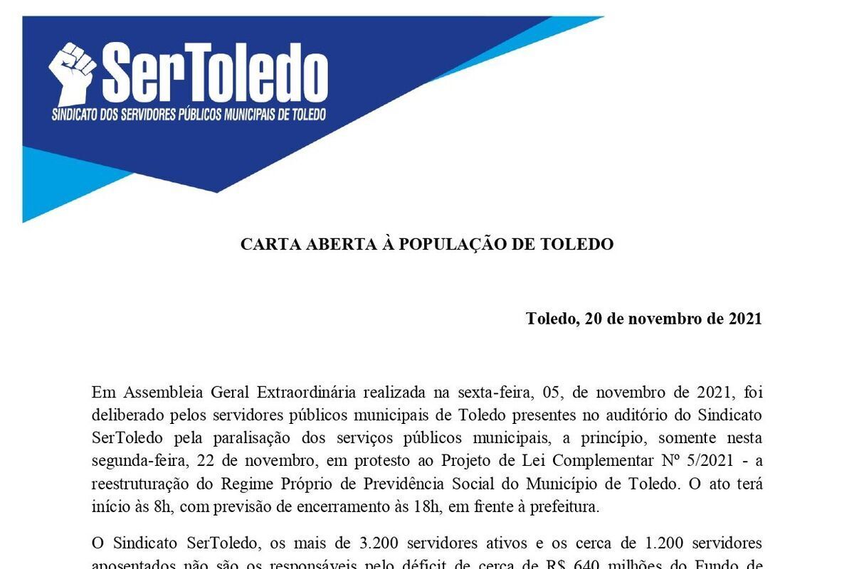 Paralização do dia 22: SerToledo divulga Carta Aberta à População