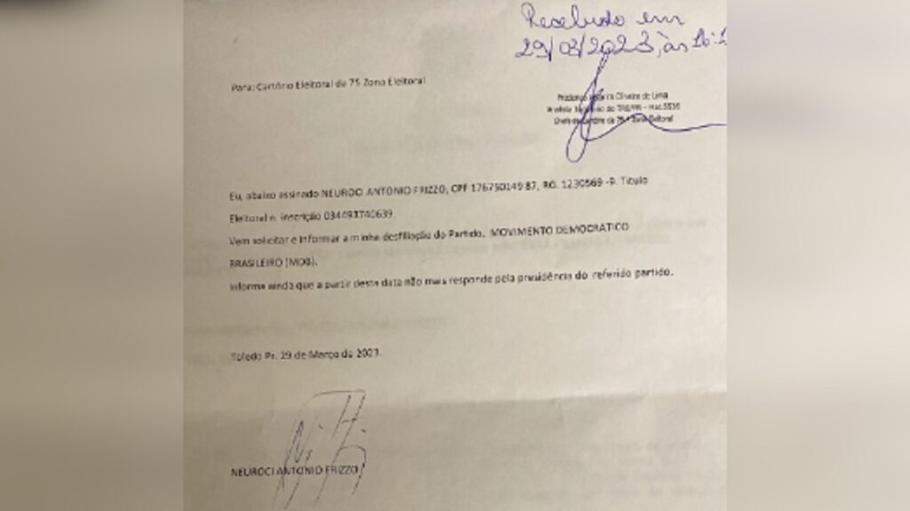 Frizzo protocola desfiliação do MDB e agradece aos “parceiros”