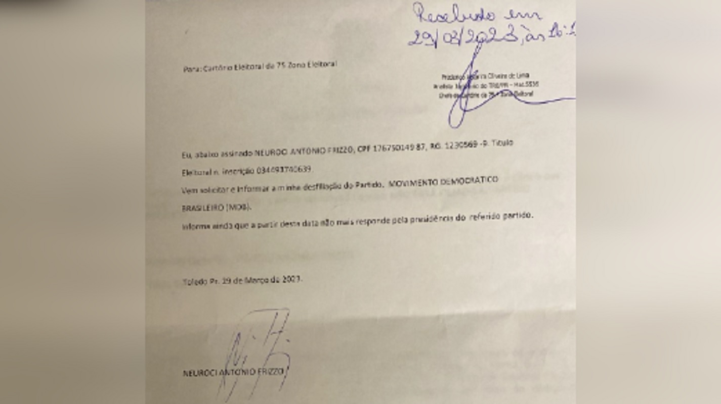 Frizzo protocola desfiliação do MDB e agradece aos “parceiros”