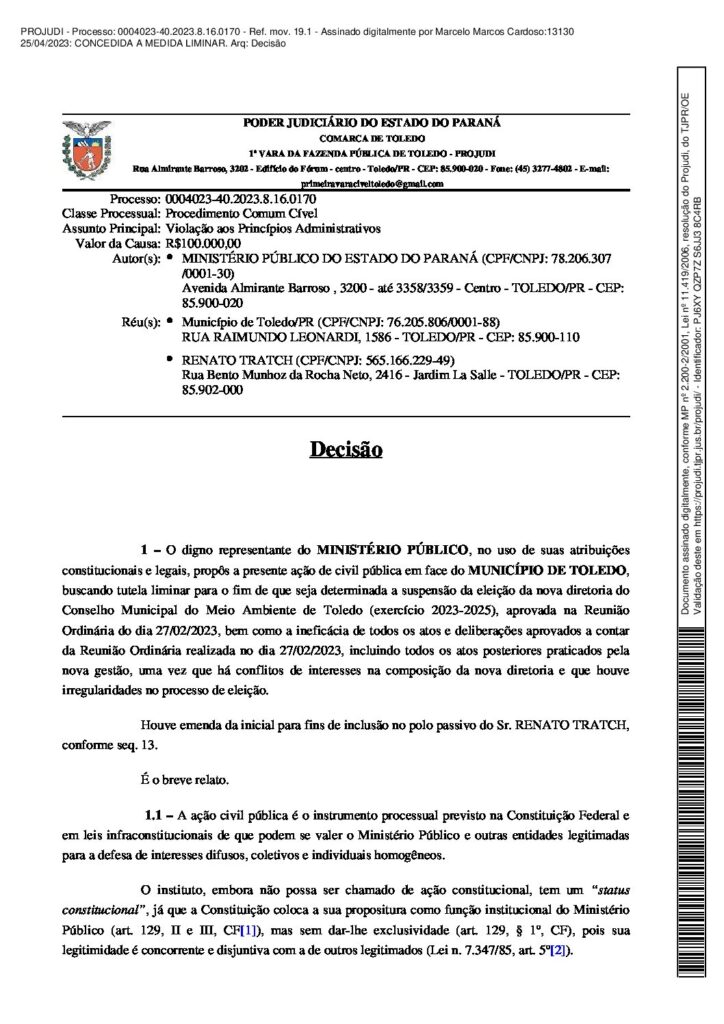 Justiça suspende eleição do Conselho Municipal do Meio Ambiente de Toledo por irregularidades no pleito