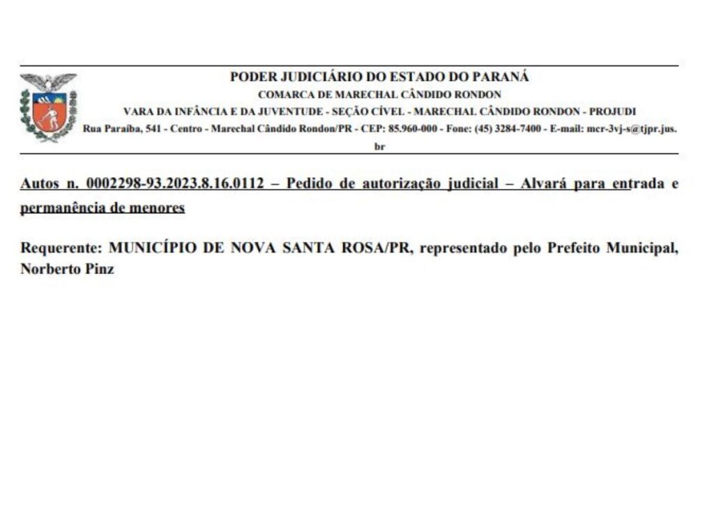 SAIBA: Recomendações para permanência de menores de idade durante os eventos de Aniversário de Nova Santa Rosa
